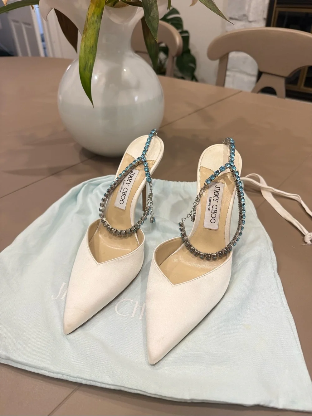 Jimmy Choo White Pointed Toe Crystal-Ankle Strap Stiletto Heels